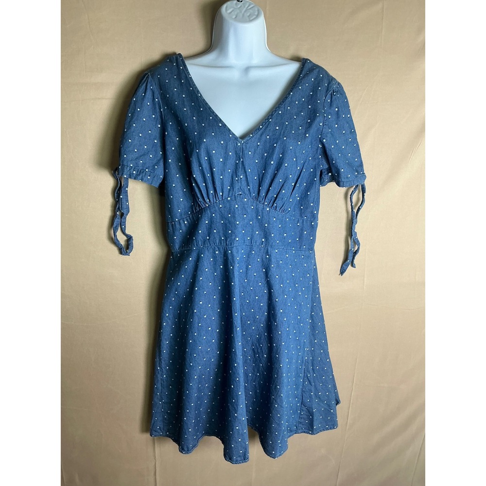 Copper Key Blue Polka DotChambray Dress XL V-Neck Tie Sleeve Smocked Back Cotton